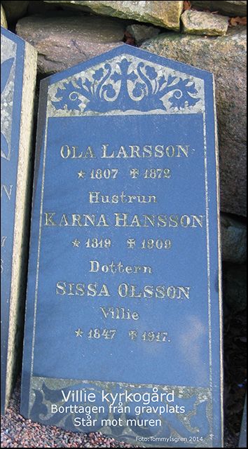 Ola Larsson, hustrun Karna Hansson och dottern Sissa Olssons gravsten 