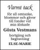 Annonstackkort för Gösta Vestmans begravning